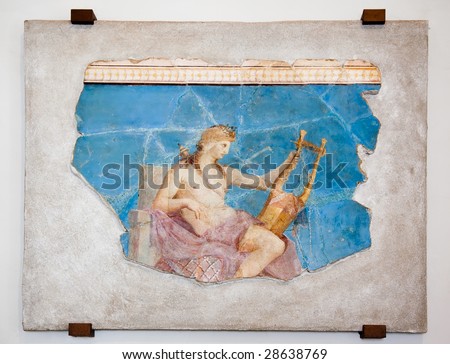 Beautiful ancient roman wall-painting of Apollo Citharoedus (Apollo with lyre), Rome.