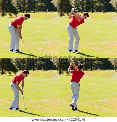 Sequence of a golfer hitting a fairway shot with a nice swing. One young white male golfer, red shirt and white pants, goes for the green on the fairway. Four frames square composition.