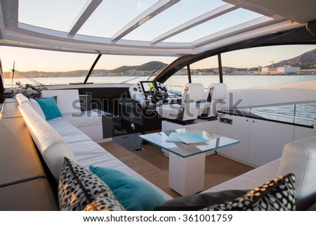 interior of luxury motoryacht at sunset