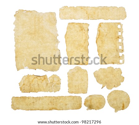 Collection of old note paper, paper tags and speech bubbles on the white background