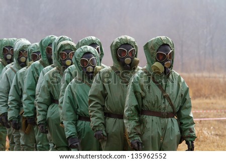 BOLSOI KAMEN, RUSSIA, - APRIL 3: Military exercises on emergency response in case of accidents at radiation-hazardous objects, Bolsoi Kamen, Russia, April 3, 2013. The contaminated area.