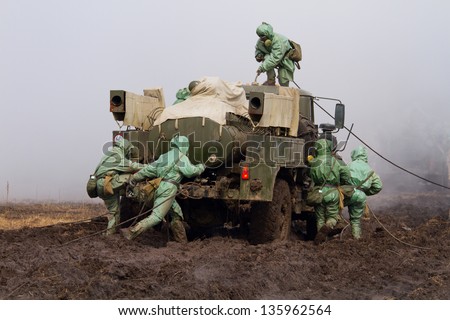 BOLSOI KAMEN, RUSSIA, - APRIL 3: Military exercises on emergency response in case of accidents at radiation-hazardous objects, Bolsoi Kamen, Russia, April 3, 2013. The military equipment.