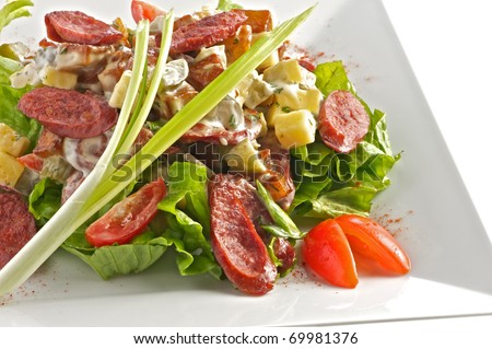 Salad from fried sausages cut with slices, tomatoes, leaves of salad with sauce from olive oil of balsam vinegar on a light plate. A shot horizontal, focus in the center a shot.