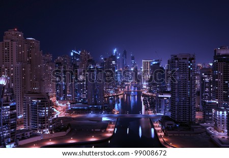 Dubai Marina in the night. Birds eye view