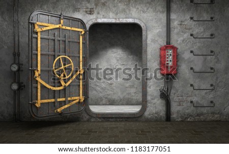 Armored heavy metal door in old underground bunker room. 3d rendering