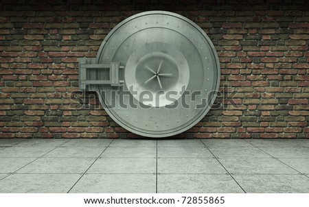 bank vault door brick wall