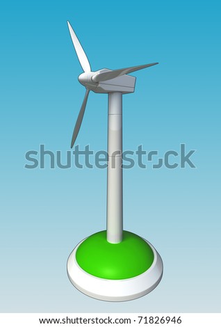 Wind mill on grass flat, made in 3D software, isolated on white and blue background.