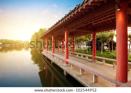 Chinese classical gardens, lake and ancient architecture.
