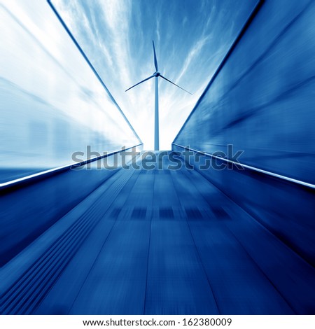 Strong perspective effect tunnel, the distant wind turbines. Urban fantasy landscape, exaggerated expression.