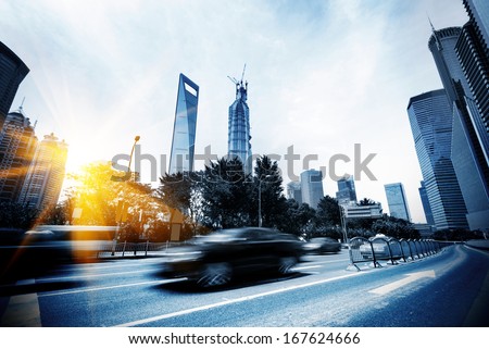 Highways of the city, flying car, motion blur.