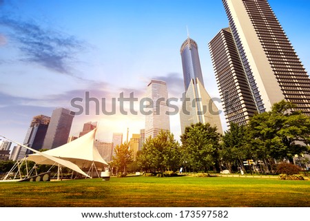 Park and modern building in Shanghai, China