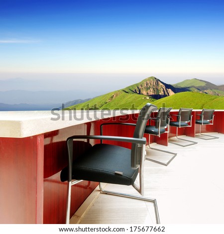 Conference tables and chairs in the mountains, abstract landscape, synthetic images.