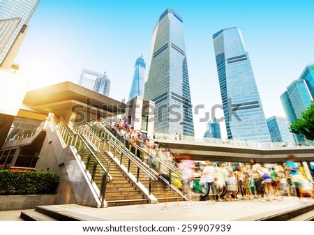 China Shanghai Lujiazui financial district, the streets of escalators and the crowd.