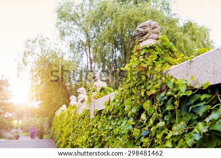 Chinese ancient bridge above the stone lions