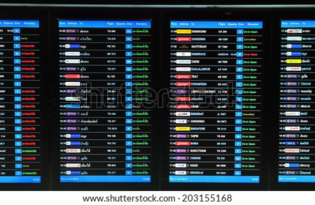 BANGKOK, THAILAND - JULY 3,2014: baggage claim timetable in Bangkok Airport. Thailand. Suvarnabhumi Airport is one of two international airports serving Bangkok, Thailand.