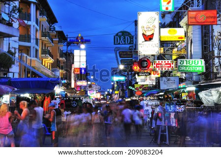 BANGKOK - July 27:Nighttime view of backpacker haven Khao San Road on July 27, 2014 in Bangkok,Thailand.Famous for its budget accommodation, hostels on Khao San Road starts from $8.5 or B250 per night