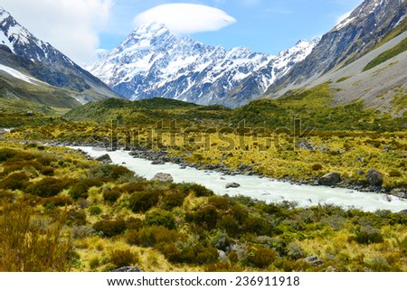 Glacial stream between rocks and gravel in Hooker Valley from Aoraki, Mount Cook, highest peak of Southern Alps, an icon of New Zealand