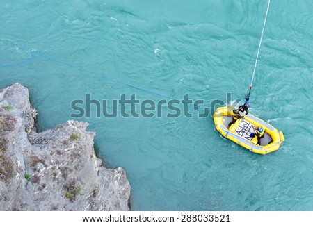 QUEENSTOWN, NZ - Nov 20:Person during bungy jump onNov 20 2014. Bungy New Zealands Kawarau Bridge bungy site (established 1988) was the first commercial bungy operation in the world.