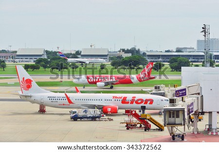 BANGKOK - November 2: Commercial aircraft wait for taking off at Don Mueang international airport on Nov 2, 2015 in Bangkok, Thailand. This airport is the hub of low cost airlines in Bangkok.