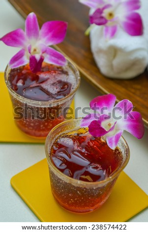 Roselle juice with orchid, welcome drink
