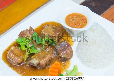 ribs pork with sweet sauce and rice, food