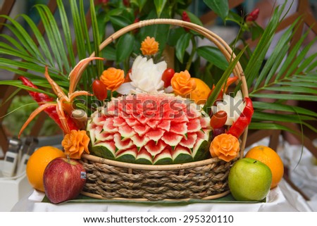 Thai fruit carving in wicker basket, decoration
