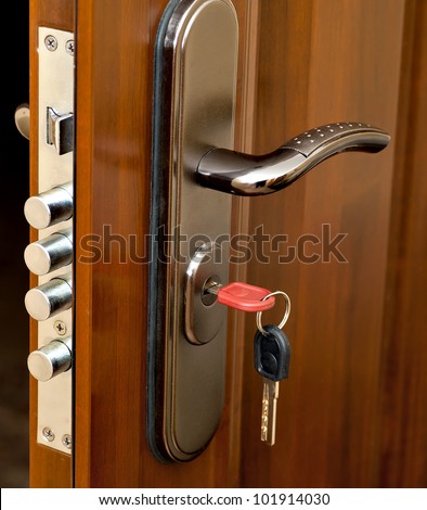 the door lock with the handle and a key