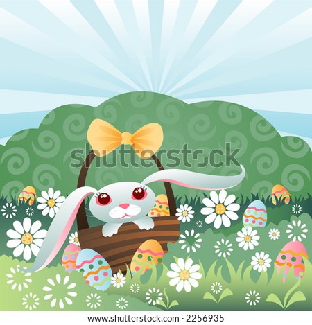 easter eggs in a basket with a bunny. easter eggs in a asket with a