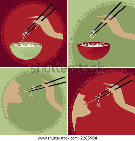 stock photo : Rice noodle bowls and chopsticks -- Woman enjoying noodles on chopsticks *