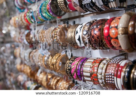 Sale jewelry and ornaments in Indian stores.