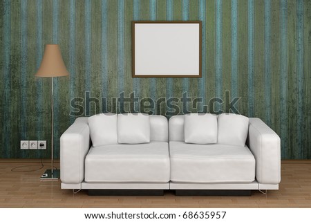 White sofa in a room on the background of old wallpaper in the style of vintage