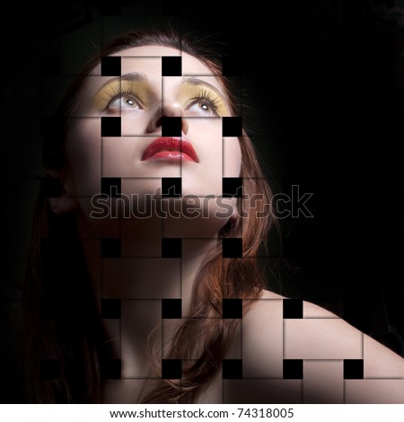 Portrait of a young woman, isolated on a black background with the effect of interlacing