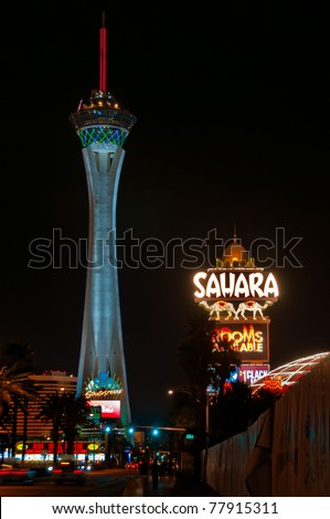 LAS VEGAS - MARCH 20: Stratosphere tower and Sahara Casino neon sign on March 20, 2011 in Las Vegas. Stratosphere tower is the tallest observation tower in the USA 1,149 ft (350.2 m).