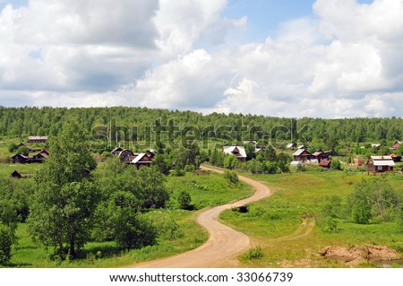 countryside landscape - homes, road, forest