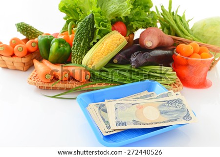 Fresh vegetables with paper money