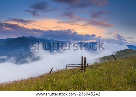 Beautiful misty dawn in the mountains. Carpathian Mountains. Ukraine.