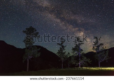 Amazing starry night in the high mountains with falling stars