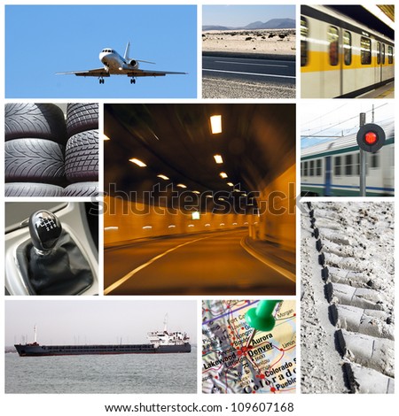 Transport collage or collection with different types of transport: trucks, airplane, car, boat, train