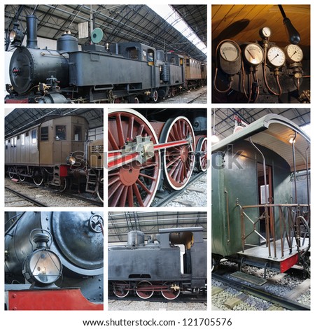 A collage of photos about old trains with steam engine locomotive