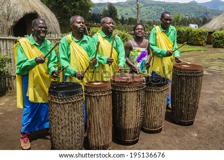 MUSANZE, RWANDA - NOVEMBER 5: Tribal Drummers of the Batwa Tribe Perform Traditional Intore Dance to Celebrate the Birth of an Endangered Mountain Gorilla on November 5, 2013 in Musanze, Rwanda.