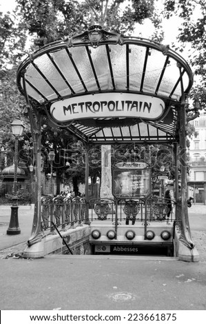 PARIS, FRANCE - 20 August 2014: The entrance to the Abbesses station for the Paris Metro. Famous art nouveau built in 1912. Take on 20 August 2014, Paris - France