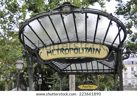 PARIS, FRANCE - 20 August 2014: The entrance to the Abbesses station for the Paris Metro. Famous art nouveau built in 1912. Take on 20 August 2014, Paris - France