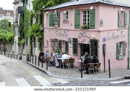 PARIS, FRANCE - August 20: Historical bistro on Montmartre - La Maison Rose - Pink House. Maurice Utrillo painted it around 1912, in Paris, France on August 20, 2014
