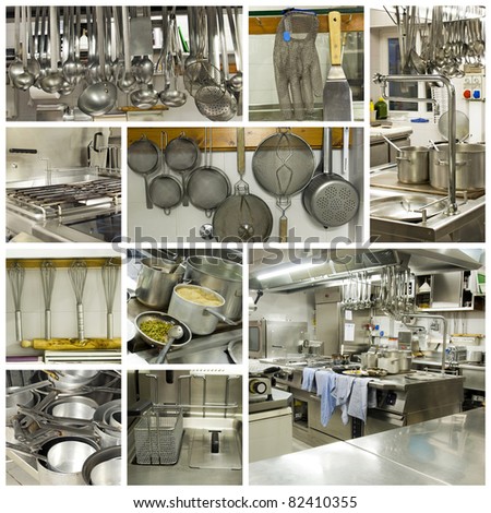 A collage of photos about kitchen restaurant