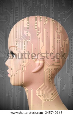 Double exposure artificial Intelligence concept, mannequin head with circuit board pattern