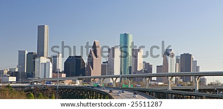 Intersection of Interstate I-10 and I-45 with the Houston skyline