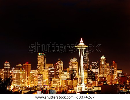 Seattle Space Needle in Golden Glow at Night