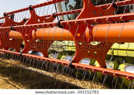 photographed close-up ply combine harvester. harvester after harvesting