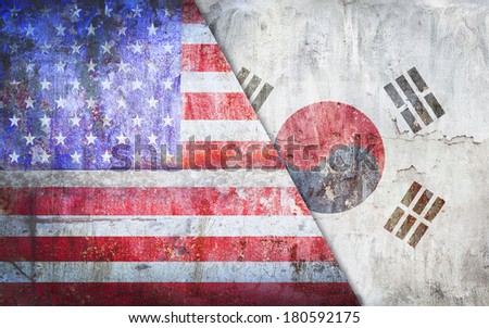 United States America confrontation Korea flag grunge vintage retro style