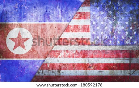 United States America confrontation North Korea flag grunge vintage retro style